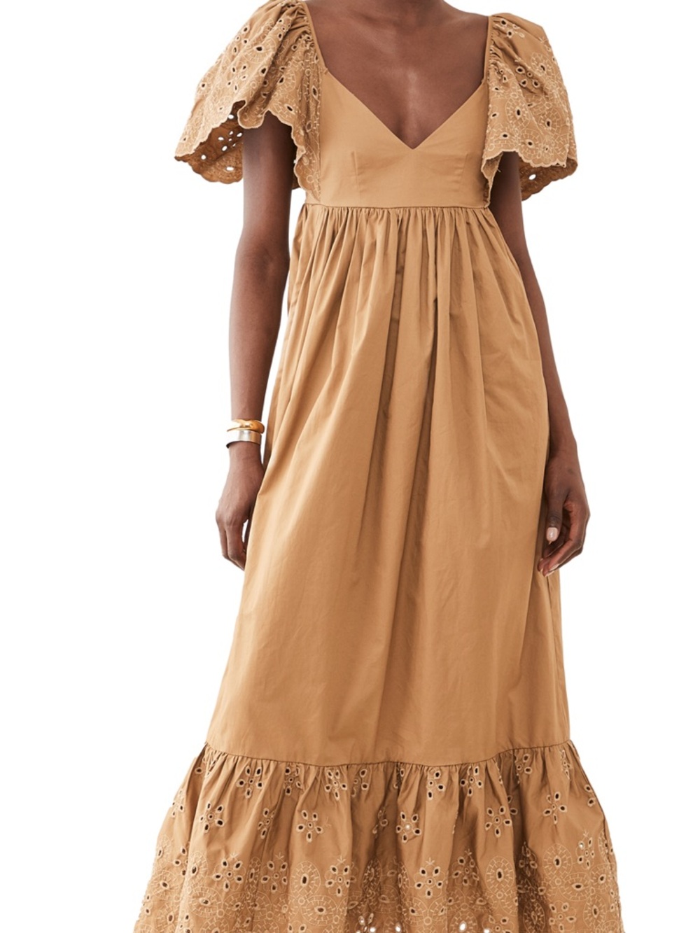 En Saison Camel Eyelet Puff Sleeve Maxi Dress
